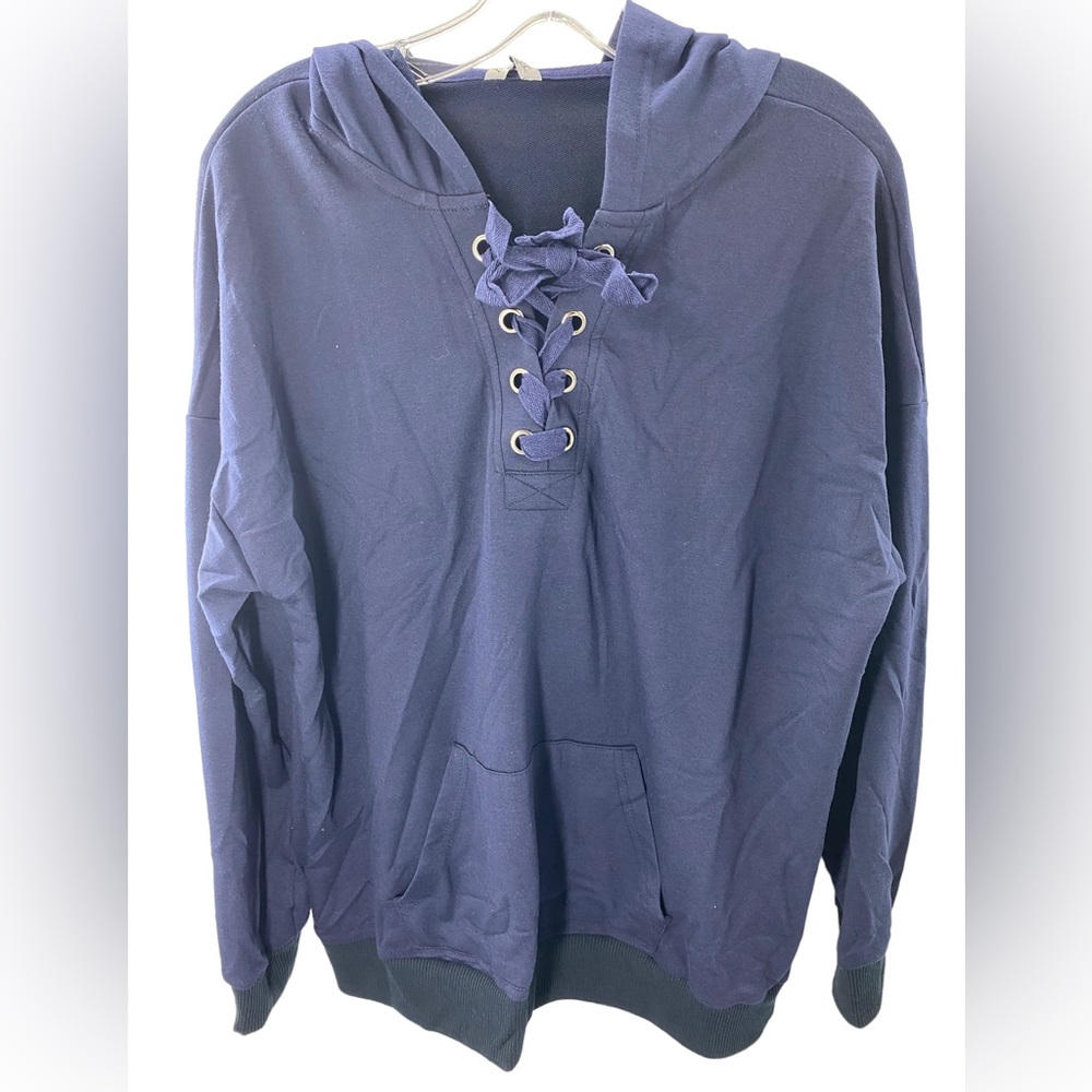 NWTMeaneor women’s navy blue lightweight hoodie with lace up v neck